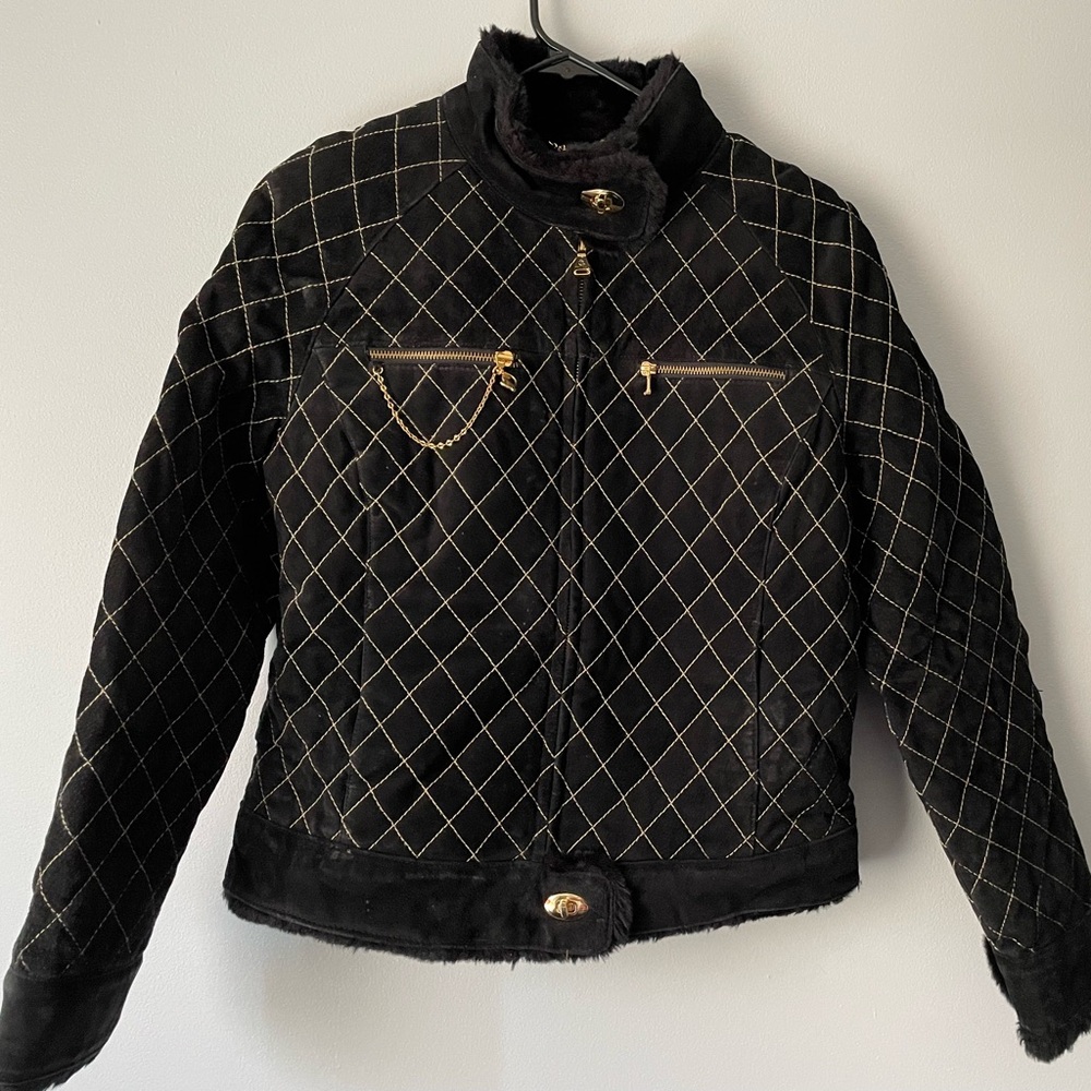 Baby Phat Black Gold Faux Suede Zip/Snap Faux Fur Collar Jacket Sz Large